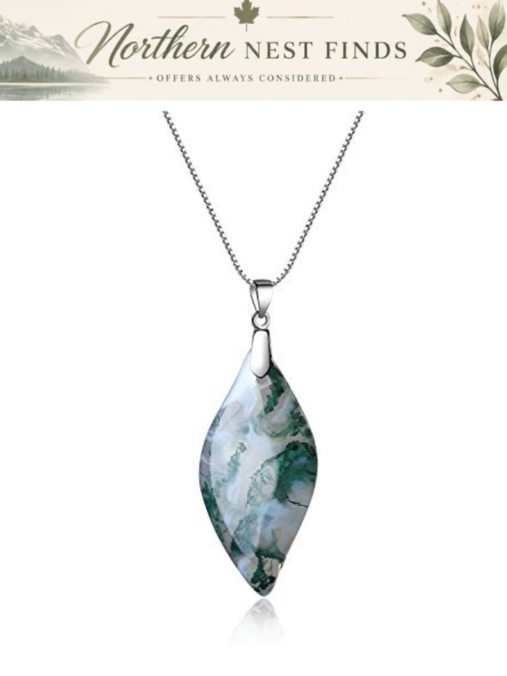 925 Sterling Silver Moss Agate Leaf Pendant Necklace with Extender Chain